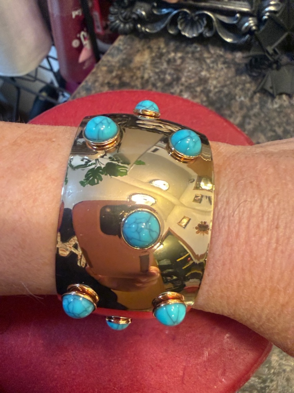 Gold Cuff Bracelet with Turquoise Cabochons